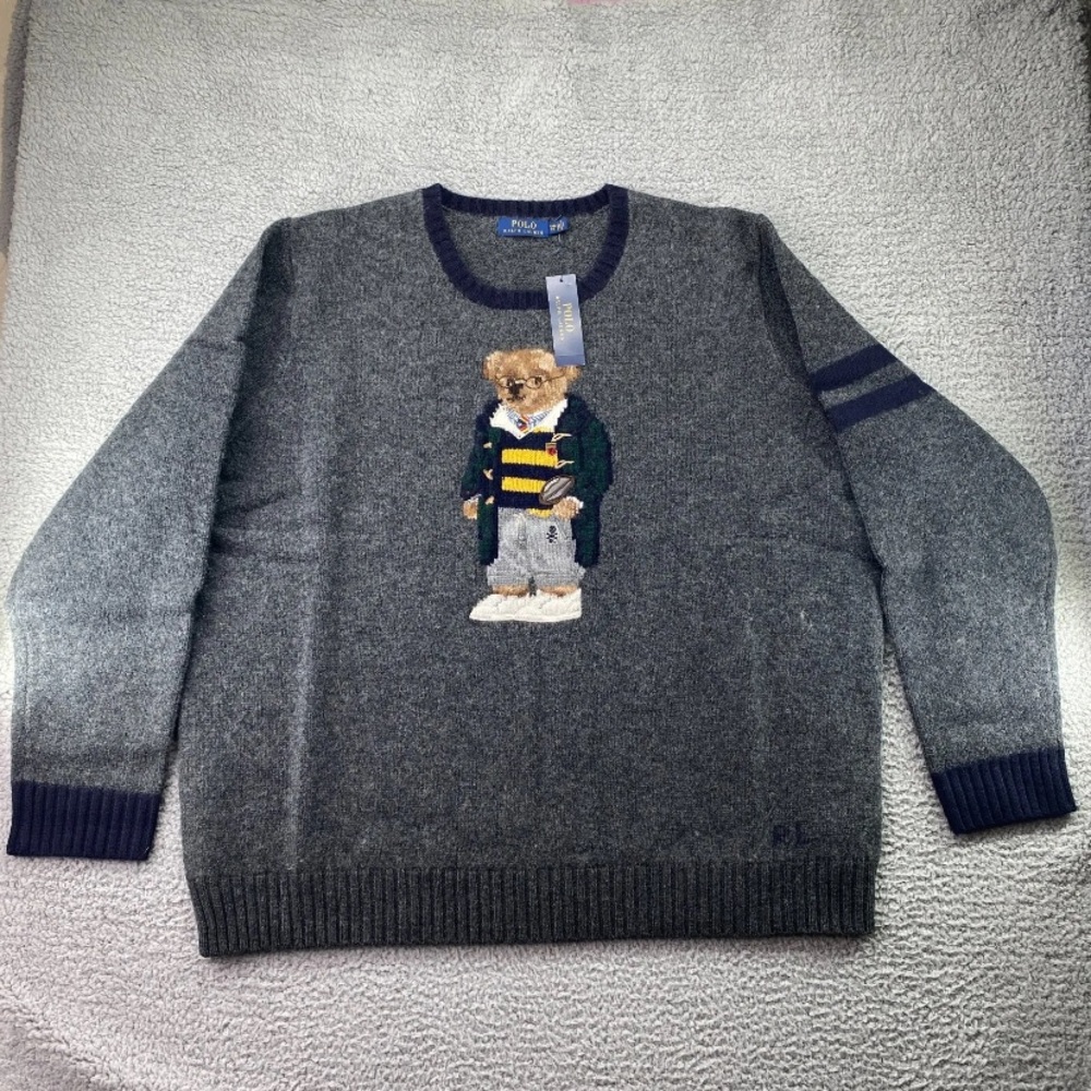 Polo Ralph Lauren Bear Sweater Mens 4XB Gray Wool Long Sleeve Pullover w/TAGS